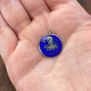 Vintage JMF 925 Sterling Silver Enamel Guilloche Zodiac Virgo Pendant Charm